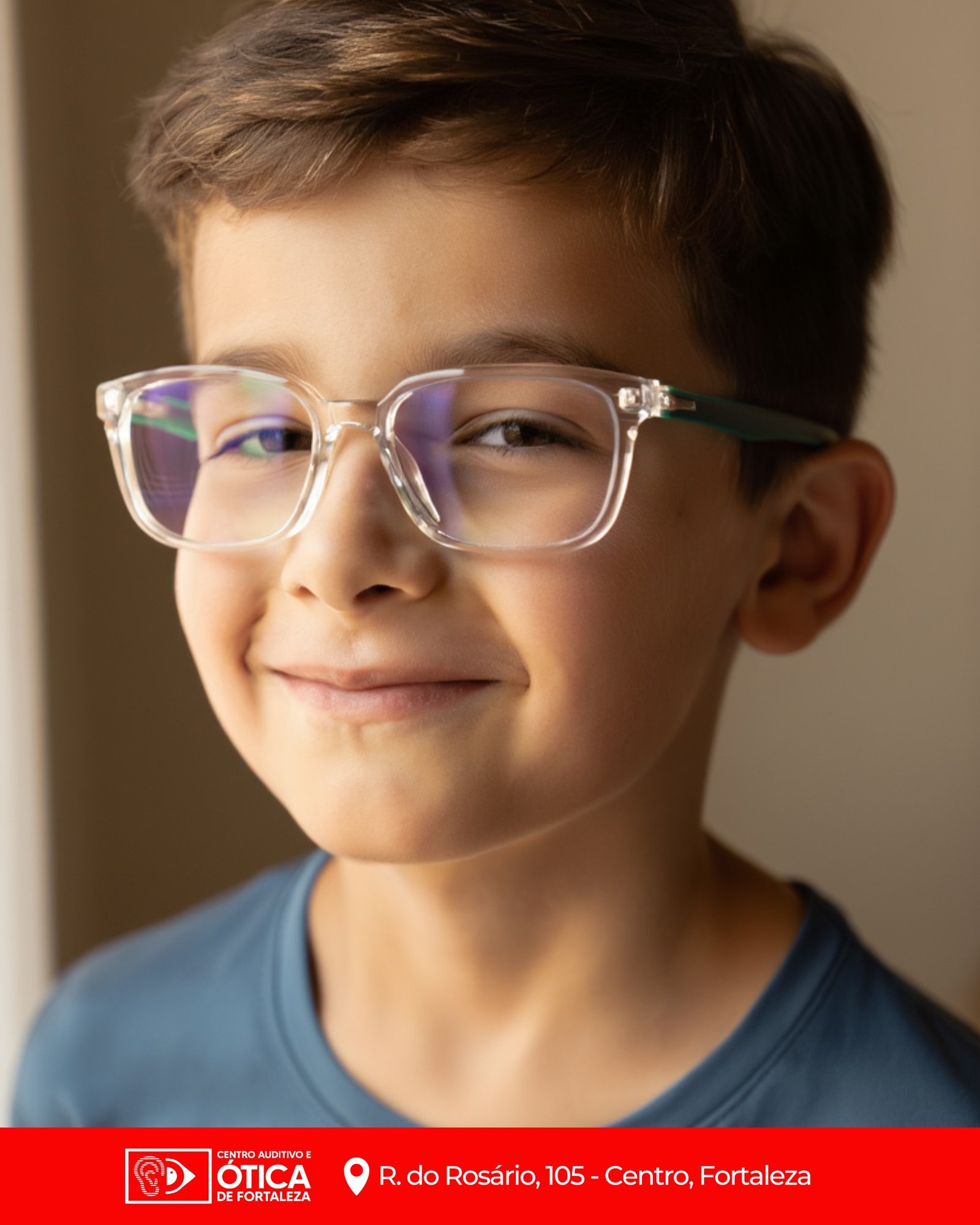 Menino sorrindo com óculos de grau infantil